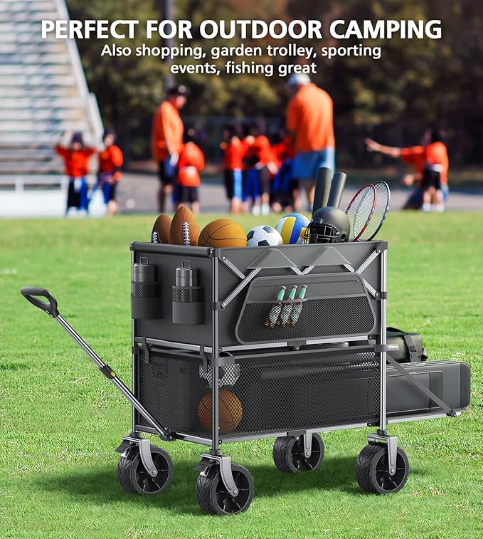 Double Decker Wagon, 480Lbs Capacity, Big Wheels & Side Pocket, Folding Wagon for Shopping, Garden, Camping, Fish - Grey