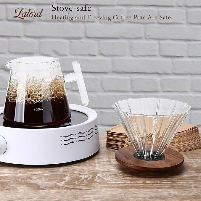 Pour Over Coffee Maker, 20 oz Borosilicate Glass Set with 100 pcs Paper Filter, Walnut Collar & Glass Lid, Drip Coffee Maker, 1-3 Cups, Clear, 600 ml(glass handle)