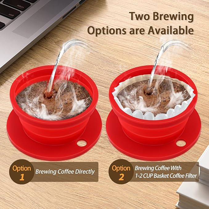 2-Packs Paperless Collapsible Travel Pour Over Coffee Maker with Metal Filter - Single Serve Camping Pour Over Coffee Maker Set - Travel Collapsible Pour Over Coffee Dripper kit (Black+Red)