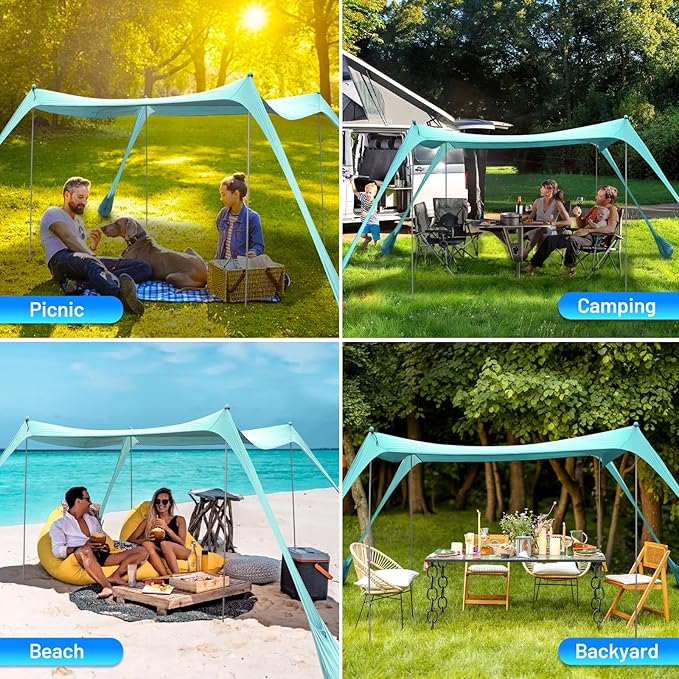 BOTINDO Family Beach Tent Canopy Sun Shade, Pop Up Grande Beach Tent Sun Shelter Stability 4 Poles with Portable Carry Bag Outdoor Shade for Fishing Backyard Camping (Mint Green, 10x10FT 4Pole)