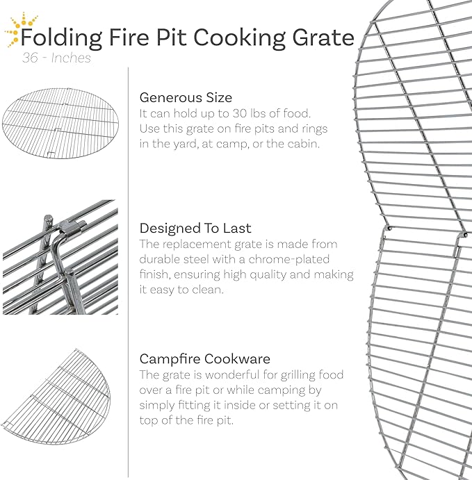 Sunnydaze Foldable Fire Pit Cooking Grill Grate - Heavy-Duty Portable Chrome-Plated Backyard Outdoor BBQ Campfire Cooking Rack Accessory - 36-Inch Surface