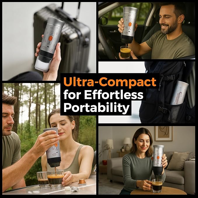 Portable Espresso Machine, 3-in-1 Travel Coffee Maker with Self-Heating, Battery Operated 20Bar Wireless Portable Espresso Maker Compatible with Ground Coffee & Capsule for Camping, Car, Office