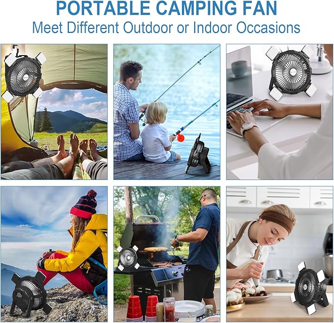 AGPTEK Portable Outdoor Fan - 8000mAh Rechargeable Battery with LED Light Lantern & Hook, Ideal for Picnics, BBQ, Fishing, Travel & Camping