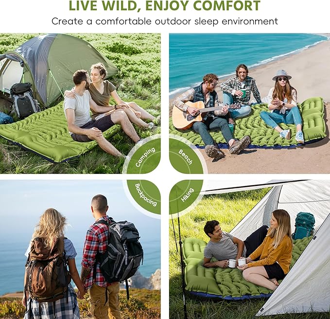 Double Sleeping Pad for Camping, Self Inflating 4" Extra Thick Camping Sleeping Pad for 2 Person with Pillow, Built-in Foot Pump, Portable Sleeping Mat for Backpacking, Hiking, Travel Tent