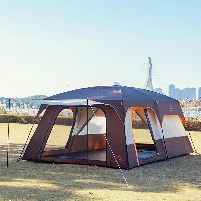 KTT Extra Large Tent 10-12-14 Person(B),Family Cabin Tents,2 Rooms,3 Doors and 3 Windows with Mesh,Straight Wall,Waterproof,Double Layer,Big Tent for Outdoor,Picnic,Camping,Family Gathering