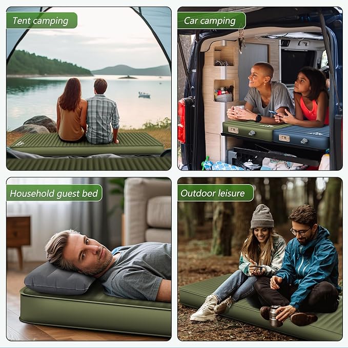 Self Inflating Sleeping Pad with Electric Pump, 4" Ultra-Thick Memory Foam Camping Pad with Pillow, 9.5 R-Value Insulated Camping Mattress, Army Yellow