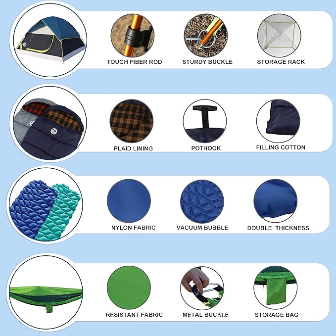 9-Piece Camping Tent Kit - 1 Dome Tent (2 or 3 Person), 2 Sleeping Bags, 2 Air Mattresses, 2 Single Camping Hammocks, 2 Blankets