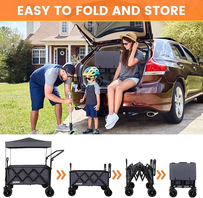 2 in 1 Collapsible Wagon with 300lbs Weight Capacity,150L Heavy Duty Utility Cart with Removable Canopy,with Big All-Terrain Beach Wheels & Drink Holders,Gray