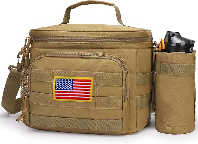 Tactical Lunch Box for Men, Insulated Lunch Bag MOLLE Webbing Leakproof, Cooler Large Lunchbox Women Adult with Adjustable Shoulder Strap Durable, Construction Heavy Duty Lunch Pail, Brown