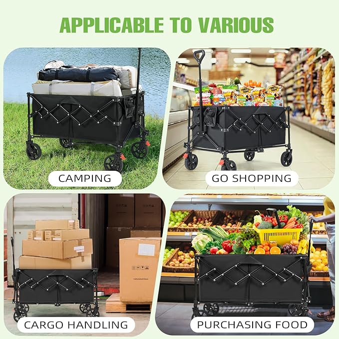 Collapsible Wagon Cart Foldable, 220L Folding Wagon Cart with All-Terrain Wheels, Outdoor Utility Carts with 350lbs Weight Capacity for Grocery Beach Camping Shopping, Black