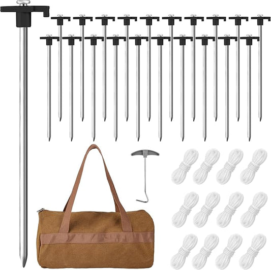 Aodaer 24 Pack Tent Stakes Heavy Duty Tent Pegs 10.25 Inch Non-Rust Metal Yard Stakes with 4x10ft Ropes and Storage Bag Inflatable Stakes for Gardening & Canopies, Camping Halloween Christmas, Black