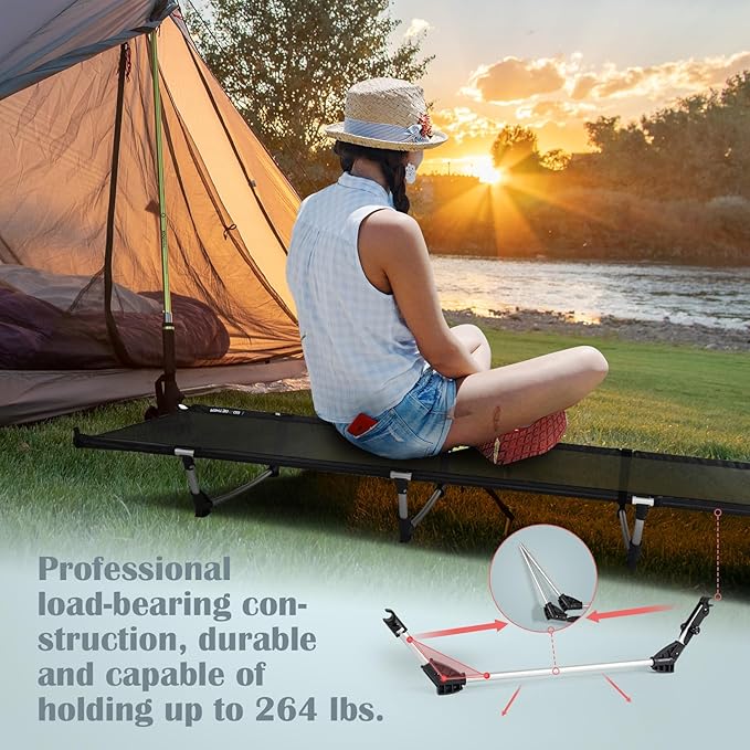 G2 Foldable Camping Cot, Durable Travel Tent Cot, Ultralight for Backpacking, Summer Hiking, Mountaineering, Max Loading Capacity 264lb, Easy to use for Woman & Man, Comes with Storage Bag