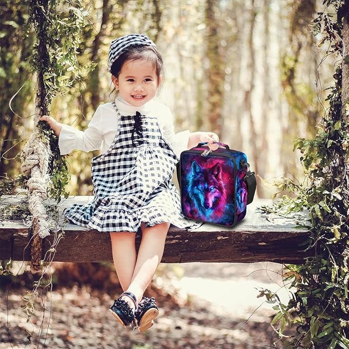 Wolf Lunch Box for Kids, Ethnic Wolf Space Galaxy Lunch Bag for Boys Girls, Reusable Insulated Waterproof Lunch Box with Adjustable Shoulder Strap Thermal Cooler Tote Bag for School Daycare Picnic