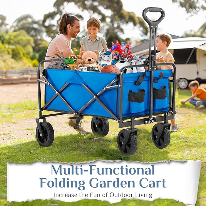 DUMOS Foldable Wagons Carts with All-Terrain Wheels, 120L & 360LBS Portable Shopping Wagon Large Capacity Utility Cart with Drink Holders, Heavy Duty Collapsible for Sand, Beach, Gardening (30IN Blue)