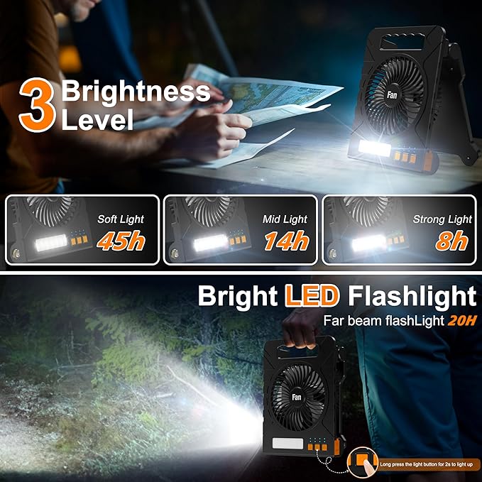 Solar Powered Fan for Camping, 4000mAh Portable Table Fan with LED Lantern, Flashlight, Battery Operated, 4 Speeds Powerful Wind and 4 Timers, for Workbench, Picnic, Hurricane, Fishing