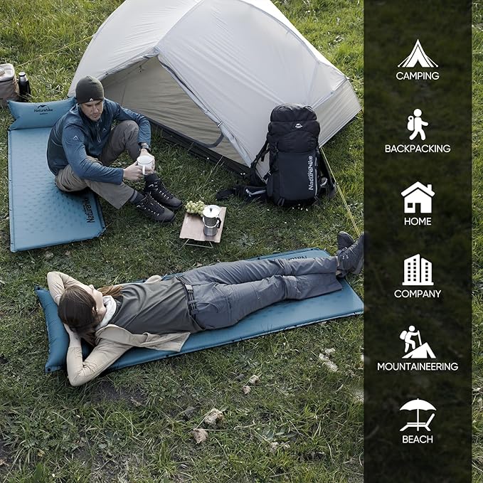 Naturehike Self-Inflating Double Sleeping Pad, Ultralight Memory Foam Pad with Pillow, Fast Inflating, Patchwork Sleeping Pad for Hiking, RV Camping, Full, Blue