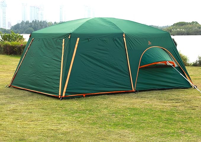 KTT Extra Large Tent 12 Person,2 Bay-Windows,Family Cabin Tents,14'Lx10'Wx6.58'H,2 Rooms and 3 Doors 3 Windows with Mesh,Waterproof,Straight Wall,Big Tent for Outdoor,Picnic,Camping,Gathering