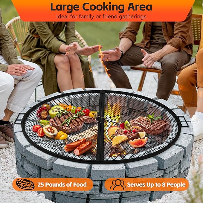 X-Marks Fire Pit Cooking Grill Grate with Support X Wire - Heavy Duty Folding Round Campfire Grill Grid - Portable Camping Cookware for Outside Party Gathering - 30 inch