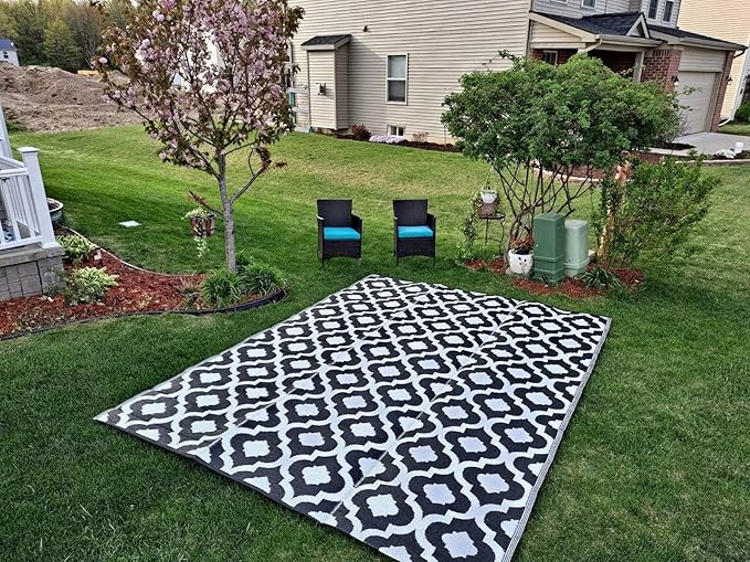 BalajeesUSA Outdoor Rug - 5x7 Black, Reversible Recycled Plastic Straw Outdoor Patio Rugs Clearance Waterproof Large RV Camper Mats 507