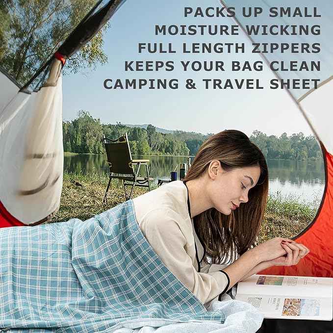100% Cotton Sleeping Bag Liner with Full Length Zipper on 3 Sides; Single/Double Adult Sleep Sack for Travel & Camping, Multifunctional Travel Sheets (Unzipped 87”x87”) for Hotel, Lightweight