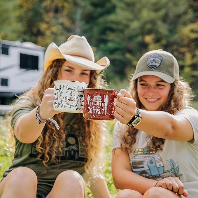 Camco Life is Better at The Campsite Ceramic Coffee Mug 4-Pack - Microwave and Dishwasher Safe - Features Camping & RVing Designs - Coffee Cups Holds 14oz. (53357)