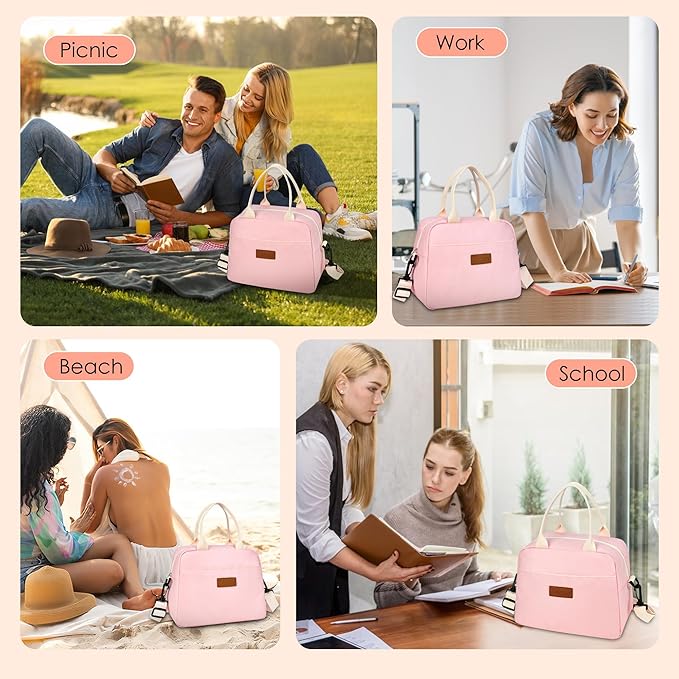 LOKASS Lunch Bag for Women-Insulated Adults Lunch Box with Front Pocket- Small Cute Lunch Tote for Work-Reusable Cooler Bag for Office Picnic Beach or Travel(pink)