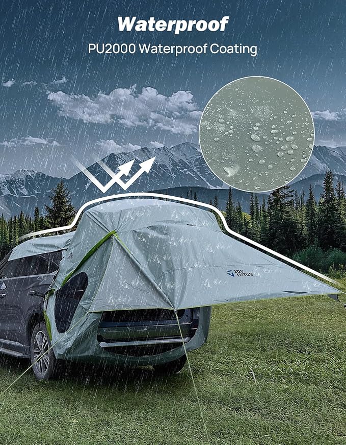 JOYTUTUS SUV Tailgate Tent with Three Sides Awning and Poles, Water Resistant SUV Camping Tent with Car Roof Cover, Outdoor Travel Preferred, Universal Fit Most Car, Grey Green