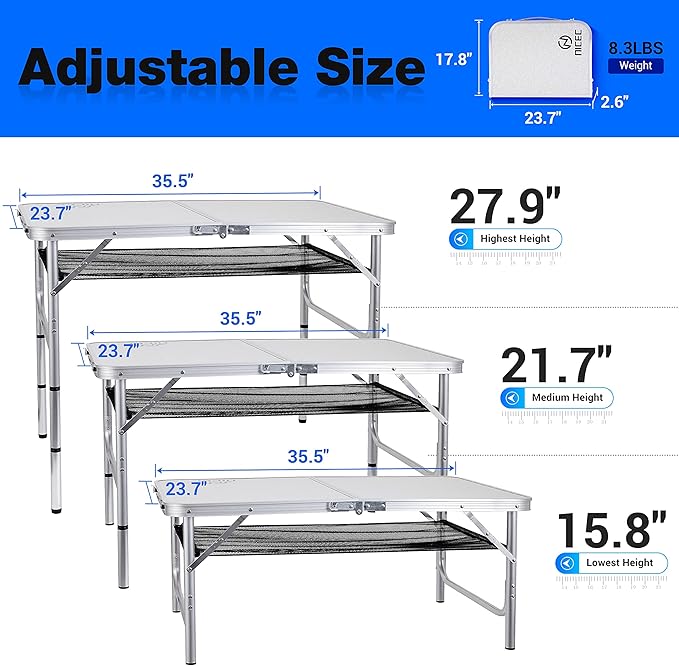 Nice C Card Table, Folding Picnic Table, Small Table, Adjustable Height Folding Table, Camping, Outdoor, Portable Lightweight Aluminum, with Carry Handle for Beach, Indoor, Office (Medium)