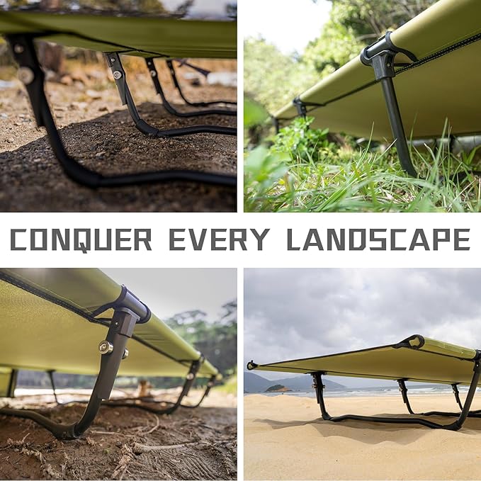 HEYTRIP Extra-Wide Camping Cot, Upgrade Sturdy Camping Bed, XXL Cots for Sleeping Support 500lb, Folding Cot with Side Pocket, Carry Bag Ultralight Backpacking Cot for Travel(Green)
