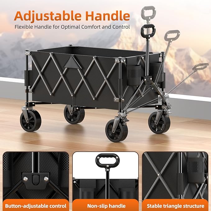 440lbs Collapsible Wagon Cart with Wheels, Large Capacity Wagons Carts Foldable, Heavy Duty Folding Utility Wagon with Side Pockets, Grocery Wagon for Beach, Camping, Sports, Transport, Black