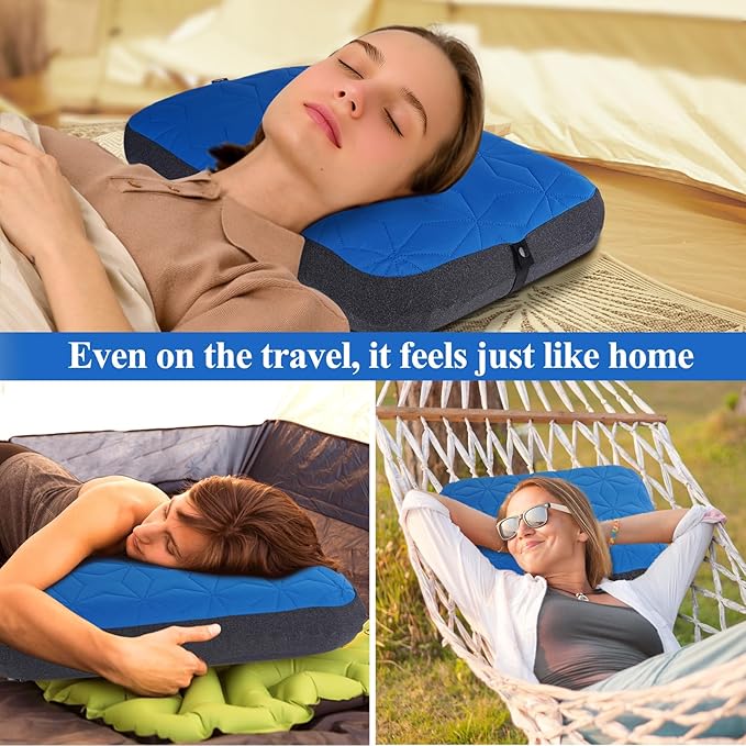 Camping Pillow with Removable Cover Large Size 24" x 15" - Ultralight Inflatable Pillow for Camping Lightweight, Ergonomic and Washable for Camping, Hiking, and Travel Blue