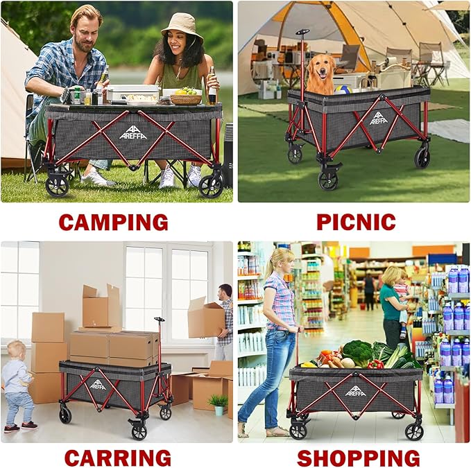 Foldable Outdoor Utility Cart - All-Terrain Wheels & Heavy Duty Design, Large Capacity for Camping, Grocery, Beach Use - AREFFA Collapsible Wagon