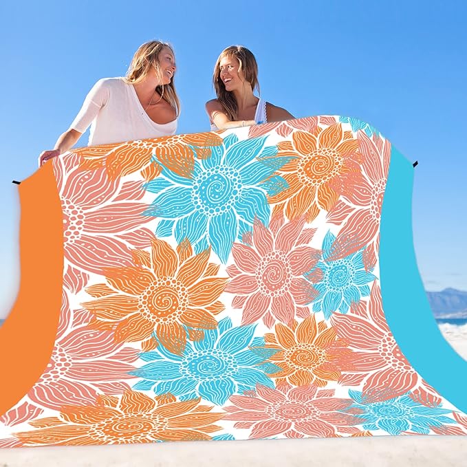 Beach Blanket Sandproof Extra Large Beach Mat Adults Waterproof Quick Drying Sand Free Mat Made by Premium Polyester with 4 Stakes & 4 Corner Pockets for Outdoor Travel Camping Hiking