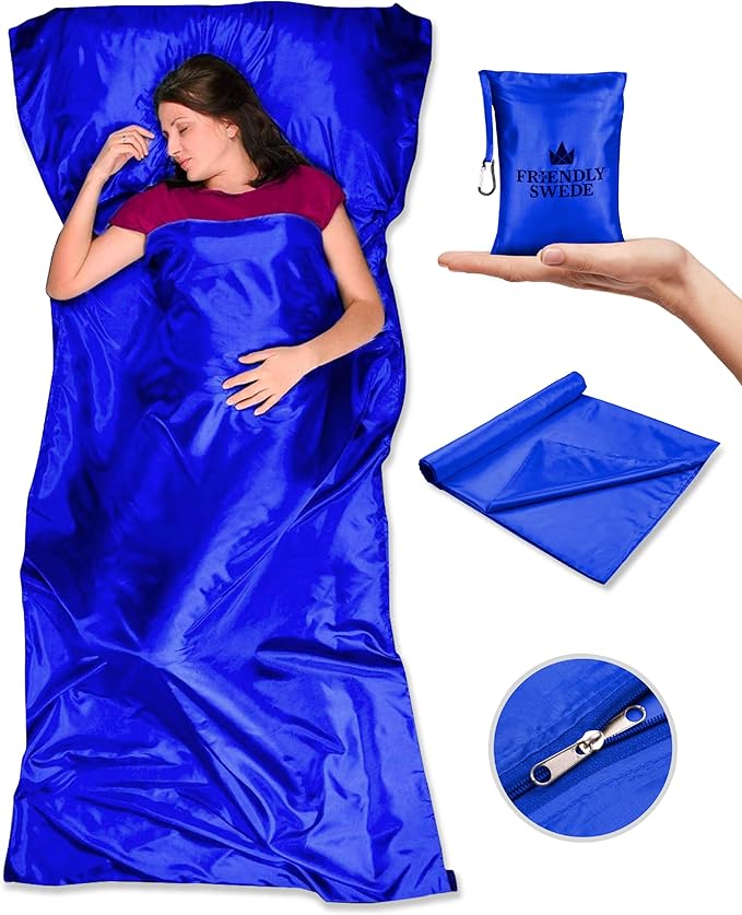 The Friendly Swede Sleeping Bag Liner — Ultralight Polyester or Cold Weather Microfiber Adult Sleep Sack; Thin Travel Sheets for Hotel; Camping Sheets; Travel Sleeping Bag with Pocket-Size Stuff Sack