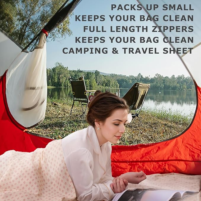 100% Cotton Sleeping Bag Liner with Full Length Zipper on 3 Sides; Single/Double Adult Sleep Sack for Travel & Camping, Multifunctional Travel Sheets (Unzipped 87”x87”) for Hotel, Lightweight