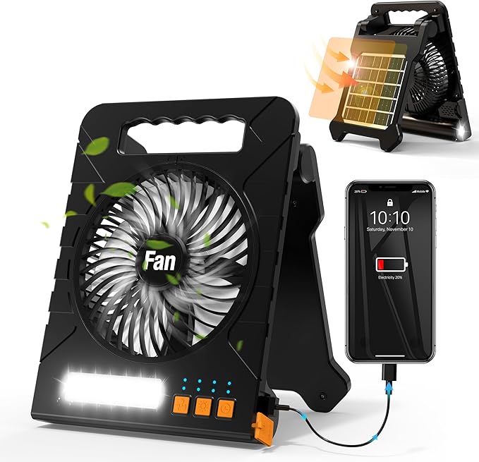 Solar Powered Fan for Camping, 4000mAh Portable Table Fan with LED Lantern, Flashlight, Battery Operated, 4 Speeds Powerful Wind and 4 Timers, for Workbench, Picnic, Hurricane, Fishing