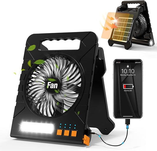 Solar Powered Fan for Camping, 4000mAh Portable Table Fan with LED Lantern, Flashlight, Battery Operated, 4 Speeds Powerful Wind and 4 Timers, for Workbench, Picnic, Hurricane, Fishing