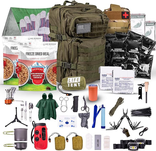 72-Hour Survival Kit | 45L Bug Out Bag | Survival Gear with First Aid, Water Filter, Food, Tools | Camping, Hiking, Outdoor Preparedness Equipment