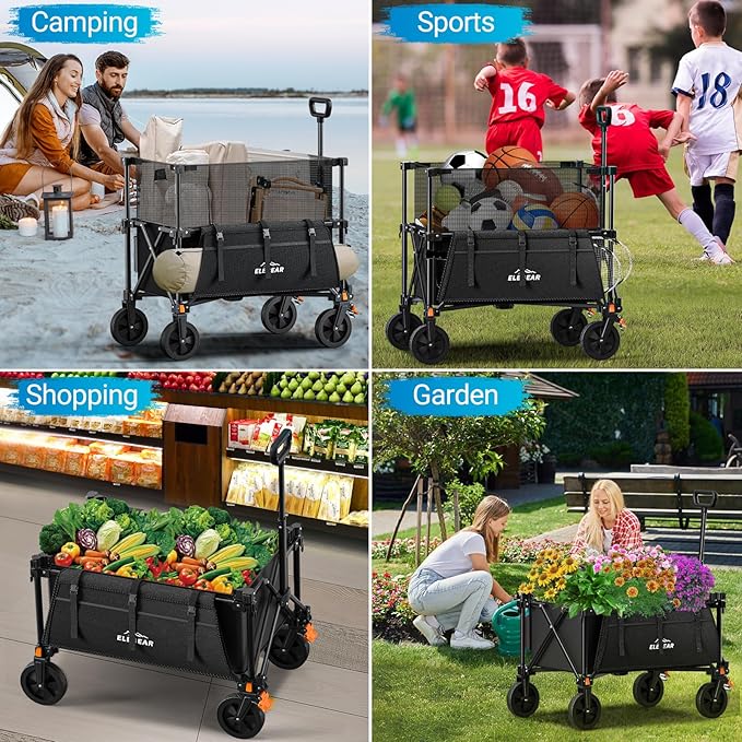 Elegear Wagon Cart Foldable Collapsible 440LBS - Adjustable Capacity from 100L to 200L - Heavy Duty Utility Beach Wagon with All-Terrain Wheels & Smallest Folding Design for Camping Sports Shopping