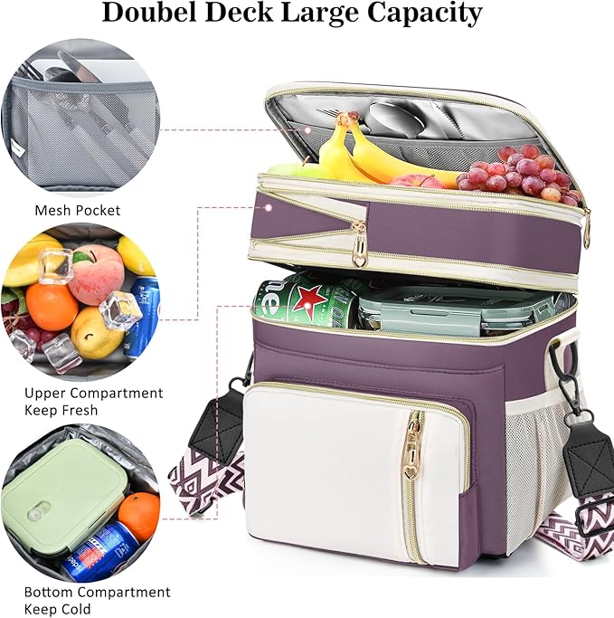 LOKASS Lunch Box for Women/Men-16L-Insulated Lunch Bag, Expandable Double-layer Leakproof Cooler Bag with Upgrade Adjustable Shoulder Strap Ideal for Work/Travel/Picnics(Dark Pink)