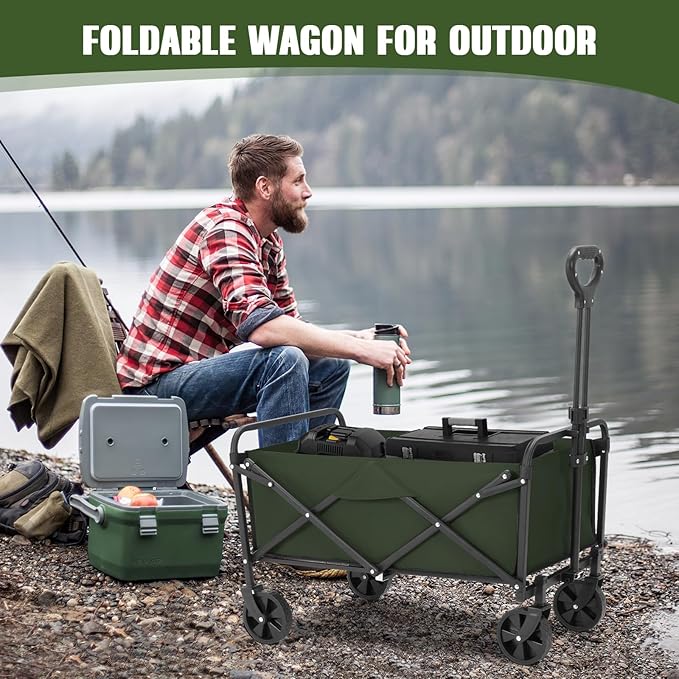 Collapsible Foldable Wagon,Wagons Carts Foldable with Wheels,Utility Grocery Folding Beach Wagon for Sand Garden Sports Shopping Outdoor(Light Green).