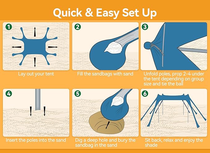 Beach Tent, Beach Canopy Sun Shade with UPF50+ UV Protection, 10x10ft, Includes 8 Sandbags, Sand Shovel, Ground Pegs & 4 Stability Poles, Pop Up Sun Shelter for Camping, Picnics, Backyard Fun