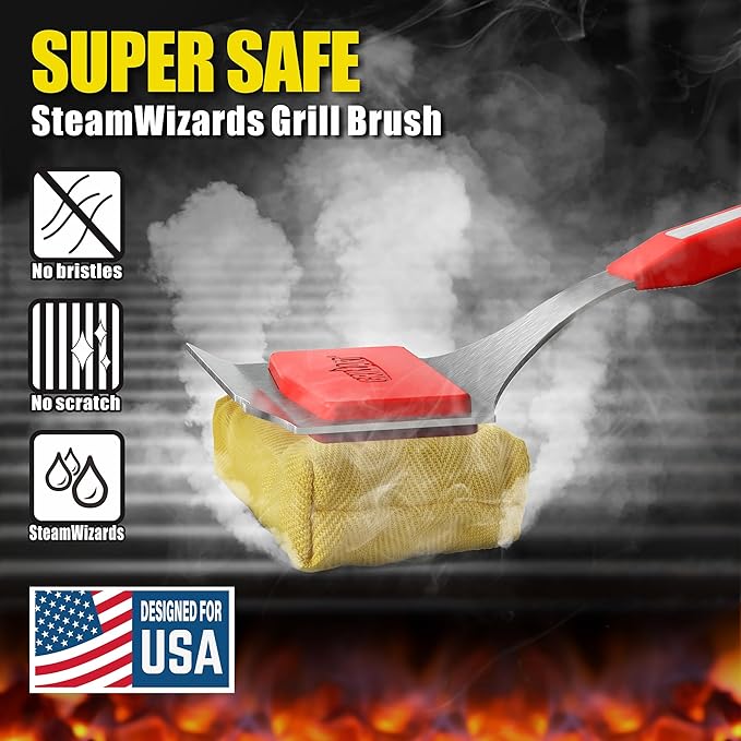 GRILLART Grill Brush Bristle Free. SteamWizards BBQ Replaceable Cleaning Head, Unique Seamless-Fit Scraper Tool for Cast Iron/Stainless-Steel Grates, Safe Barbecue Grill Cleaner-Red