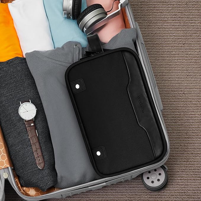 Wedama Toiletry Bag for Men, Medium Hanging Travel Toiletry Bag, Extra Electronic Organizer Bag Waterproof Shaving Bag for Toiletries with PU Handle for Travel Business Trips Swim Camping, Black