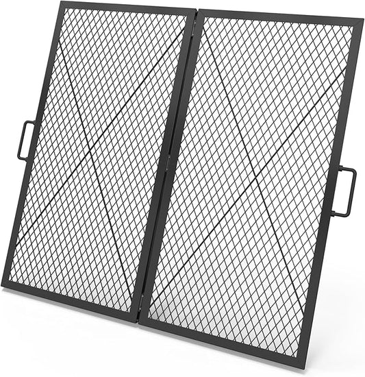 only fire Foldable X-Marks Fire Pit Cooking Grate, Portable Campfire BBQ Grill for Outdoor, Square Heavy Duty Steel Campfire Grill Grate with Handles, 36 inch