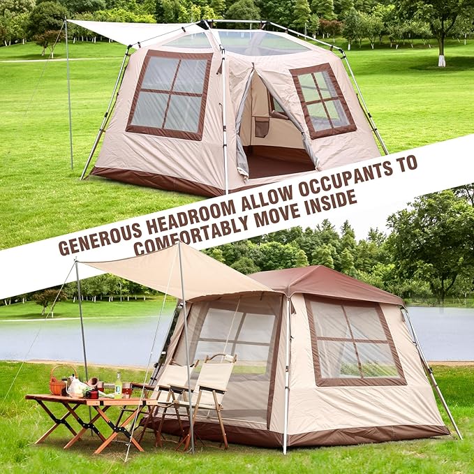 Chihee Camping Tents Freestanding Tent, Family Cabin Tent with Awning Porch 2 Doors 3 Mesh Windows Easy Instant Set up,Ultra Strong Frame Height up to 67" Spacious Great Views,Stargazing at Night