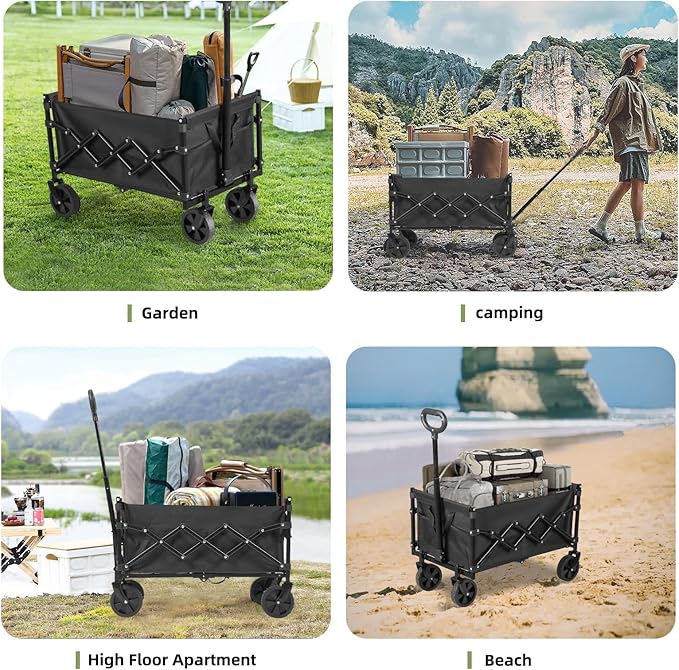 Collapsible Wagon Cart Foldable, 100L Folding Wagon Cart with Wheels, Outdoor Utility Carts with 350lbs Weight Capacity for Grocery Beach Camping Shopping, Black