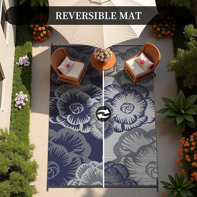MontVoo Outdoor Rug-Waterproof Patio Rug Mat 6x9 Outdoor Carpet Mat Reversible Plastic Straw Outside Outdoor Rug for RV Camping Picnic Beach Balcony Backyard Pool Deck Farmhouse Floral Navy Blue