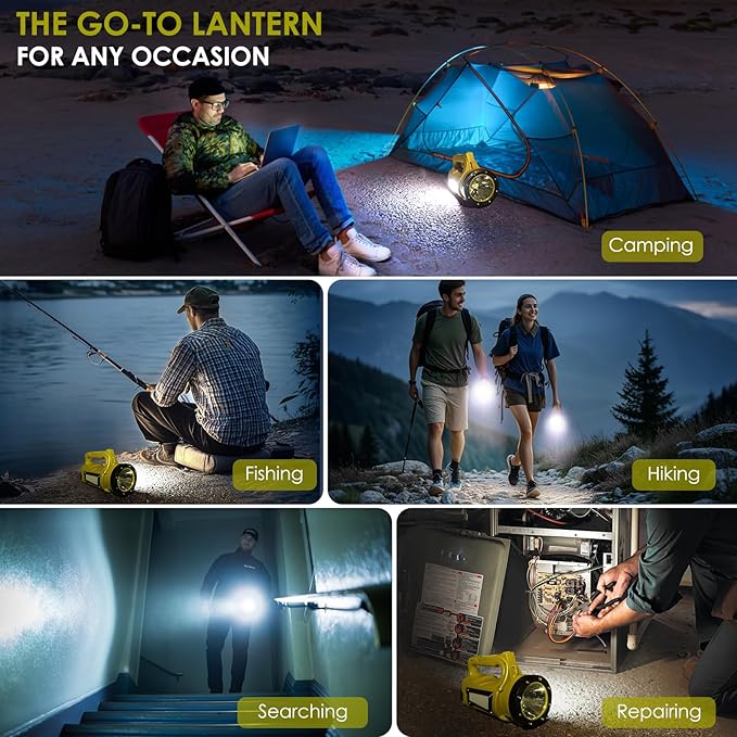 Rechargeable LED Flashlight, Camping Lantern Flashlight with 1000LM, 7 Modes, Power Bank, IPX4 Waterproof Camping Essentials Light for Hurricane Emergency Hiking Survival Kits - Yellow