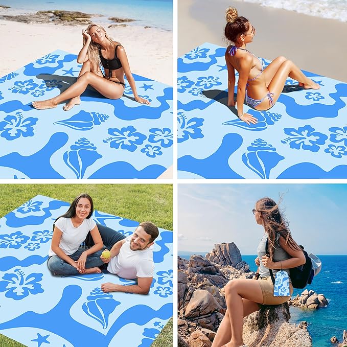 SkyNautre Waterproof Sandproof Beach Blanket, 110''×118'' Oversized Sand Free Beach Mat with 4 Stakes & Storage Bag, Extra Large Big Compact Outdoor Essentials for Beach, Picnic, Camping